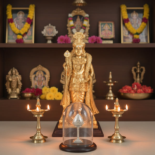 Gold-colored Palani Raja Alangara Murugan statue on a decorative table with Silver Vel
