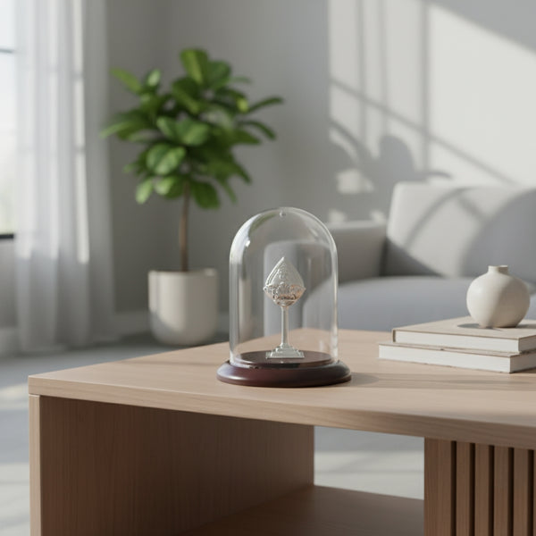 Silver Vel under a dome displayed on a wooden table with a plant and books in the background.