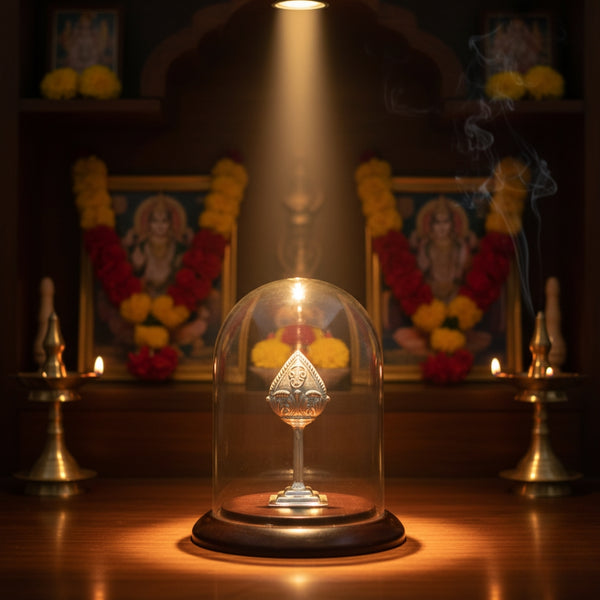 Silver Vel under a dome displayed on a Puja room.