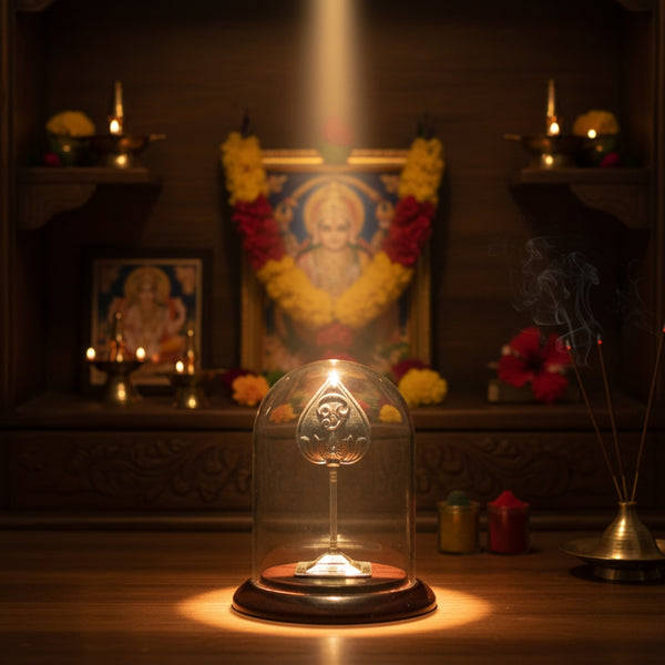 Silver Vel under a glass dome on a wooden surface, with flowers and religious iconography in the background.