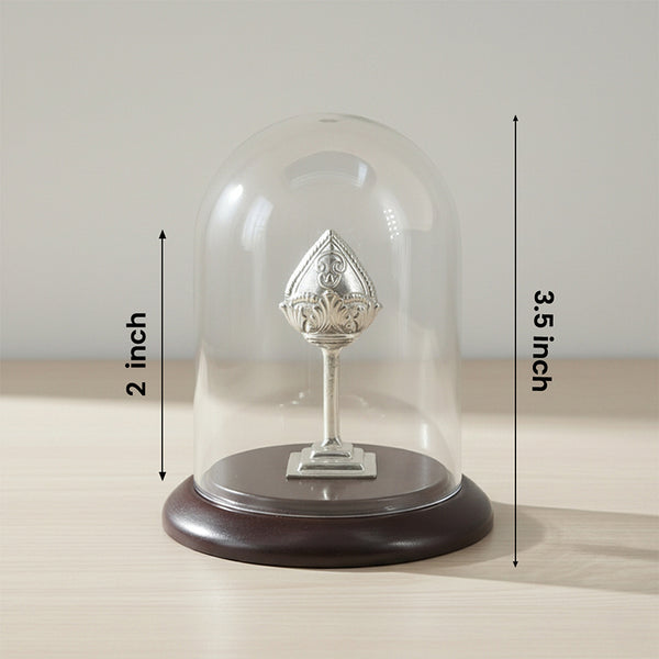 Silver Vel under a dome display with measurements on a neutral background