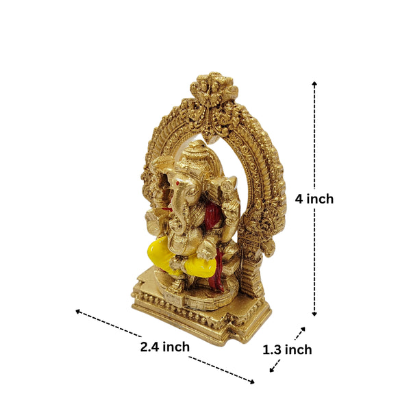 Dimension diagram for the golden Ganesha statue showing 4-inch height, 2.4-inch length, and 1.3-inch width to fit perfectly on a car dashboard.