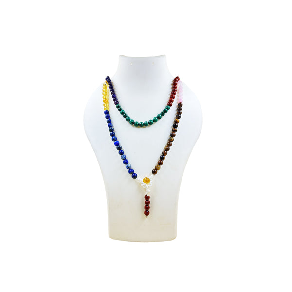 Authentic 7 Chakra crystal mala necklace displayed on a white jewelry mannequin.
