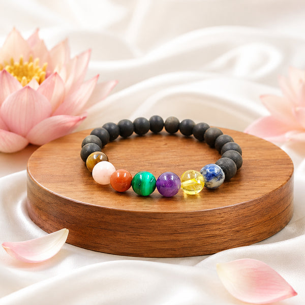 Authentic 7 Chakra Karungali (Ebony Wood) bracelet featuring seven healing crystals for energy balancing and spiritual protection.