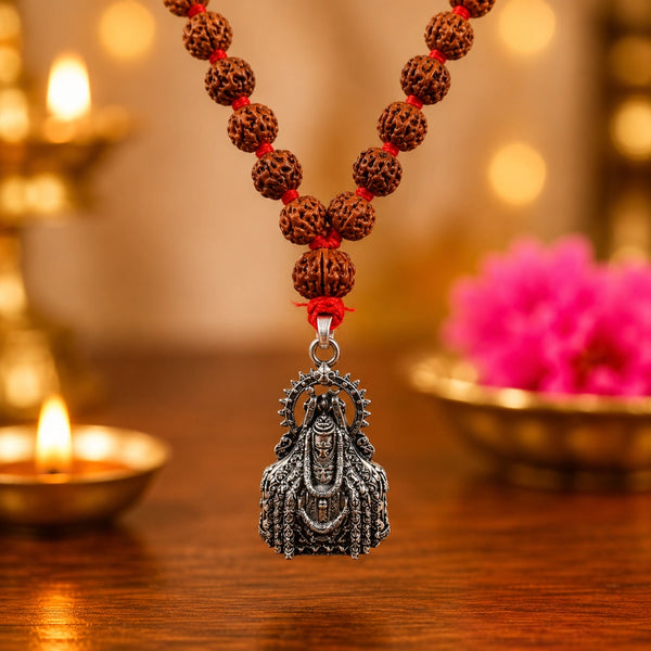 Close-up of a 5 Face Panchamukhi Rudraksha Mala with a white metal Annamalaiyar Lord Shiva pendant.