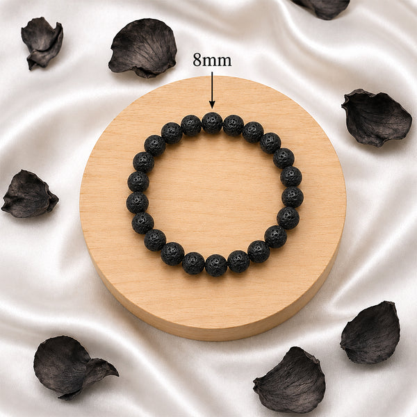 Close-up of 8mm porous natural lava stone beads on a handcrafted spiritual healing bracelet