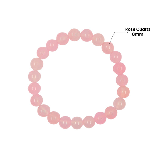Original 8mm Rose Quartz crystal bead bracelet, known as the stone of self-love, shown on a white background.