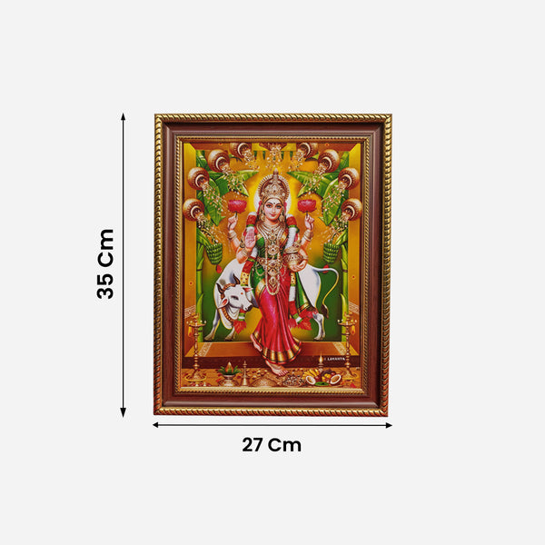 Framed artwork of a deity with dimensions indicated on a white background
