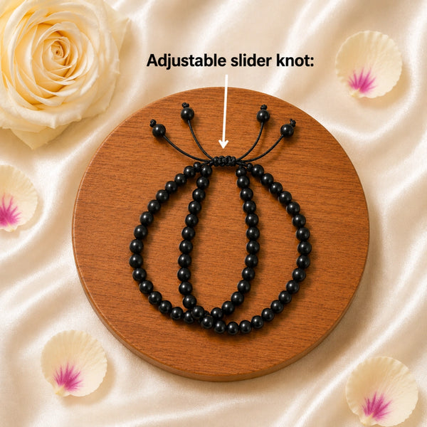 Detailed view of the premium adjustable slider knot on the Karungali wood combo bracelets, ensuring a perfect fit for all