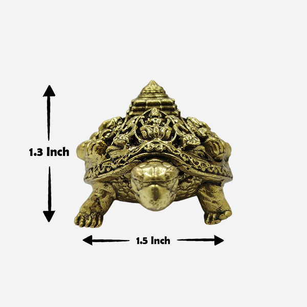 Dimension chart for the small brass Ashtalakshmi tortoise, indicating a height of 1.3 inches and a width of 1.5 inches.