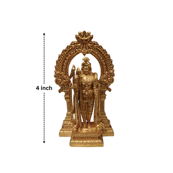 Bronze Palani Murugan statue 4 inch size measurement with prabhavali arch and temple pillars