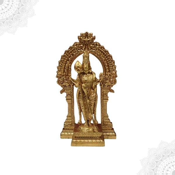 Bronze Thiruchendur Murugan statue 4 inch front view with ornate prabhavali arch and temple pillars