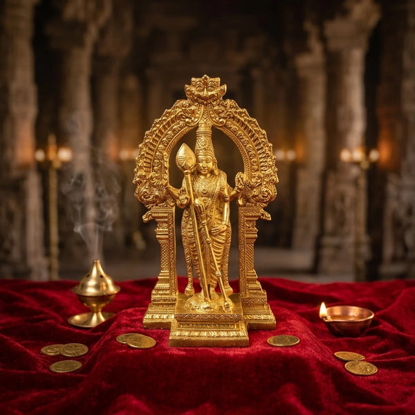 Bronze Thiruchendur Murugan statue 4 inch front view with ornate prabhavali arch and temple pillars