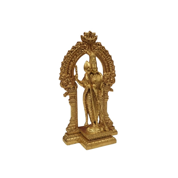 Bronze Thiruchendur Murugan statue 4 inch right side angle view with decorated prabhavali