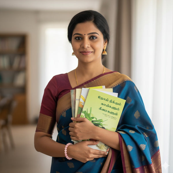 Smiling Indian woman wearing a traditional blue saree and a Rose Quartz bracelet, holding the Glow and Grow Tamil Wellness Book Set.