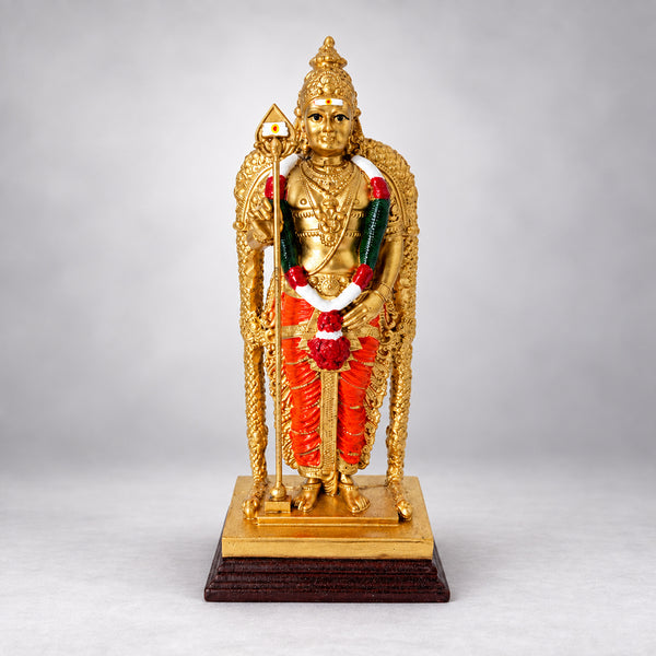 Malaysian Murugan statue for car dashboard, Lord Murugan in gold finish with painted garland and orange veshti, holding the vel
