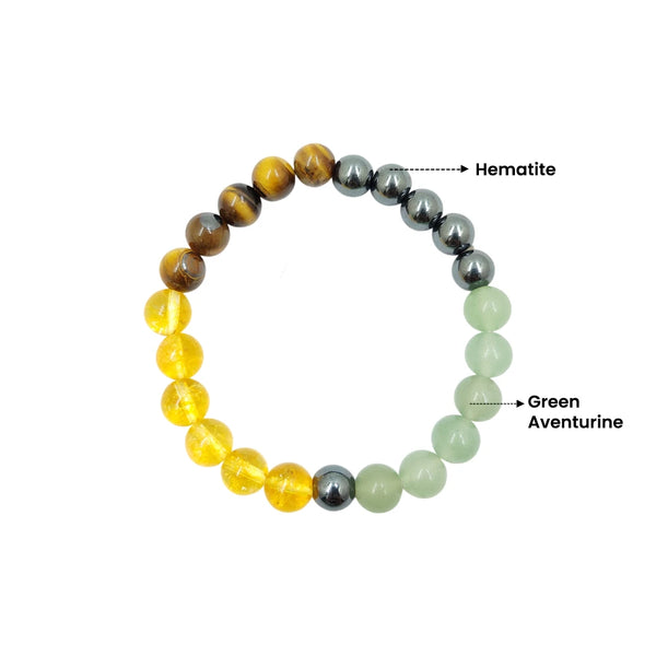 Money Magnet crystal bracelet showing Hematite for grounding and Green Aventurine for attracting luck and opportunity.