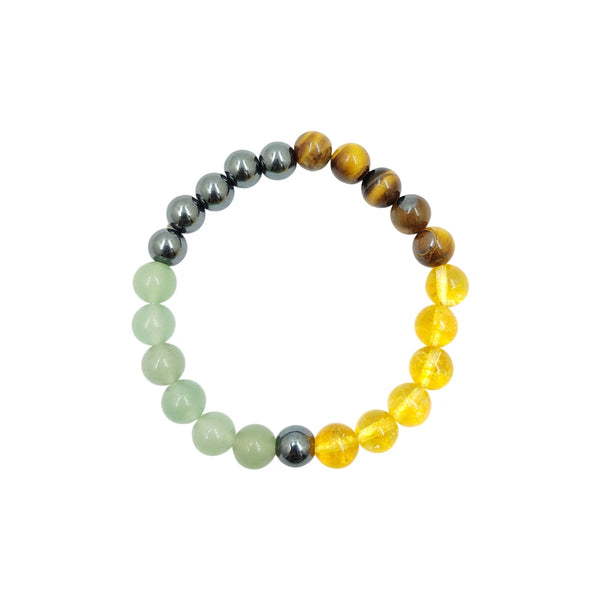 Full view of the Money Magnet crystal bracelet with Citrine, Green Aventurine, Tiger's Eye, and Hematite beads.