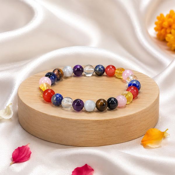 Navratri 9 colors crystal bracelet on a wooden display, featuring multi-color healing beads representing the nine forms of Goddess Durga.