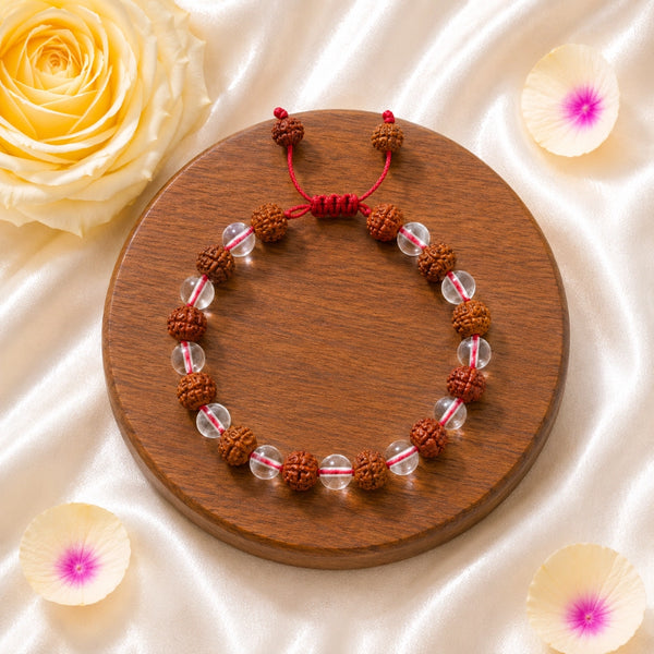 Premium spiritual bracelet featuring alternating Rudraksha and Spadigam beads on a red adjustable cord with a luxury display