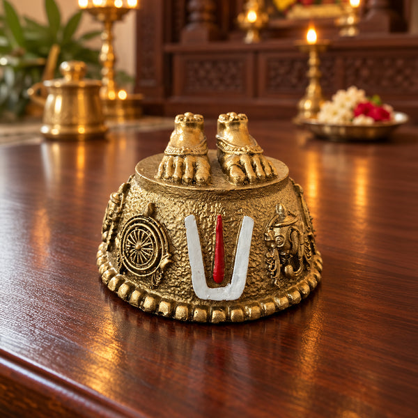 Perumal Patham with sacred feet, Namam, Shanku and Chakra on a domed base
