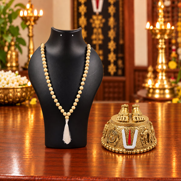 Perumal Patham with tulsi mala displayed on a neck stand, mala with white tassel