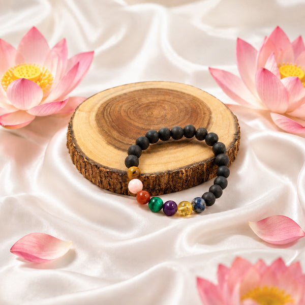 Close-up of the 8mm Karungali beads and 7 chakra crystals including Amethyst, Citrine, and Tiger's Eye for holistic healing.