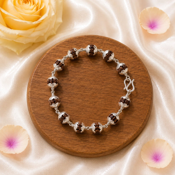 Premium 5 Mukhi Rudraksha bracelet featuring silver-tone caps and a traditional secure S-hook clasp.