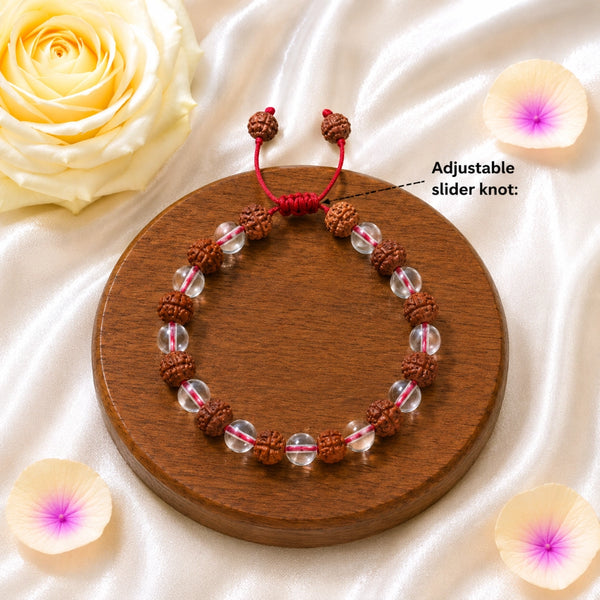 Detail of the red adjustable slider knot on the Rudraksha and Sphatik crystal bracelet, ensuring a custom fit for all wrist sizes