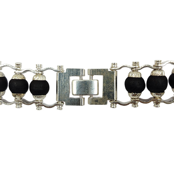 Karungali bracelet showing white metal box clasp
