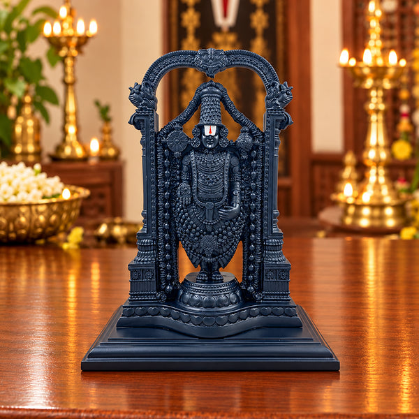 Tirumala Venkateswara Perumal black fiber statue with ornate arch and traditional temple decor