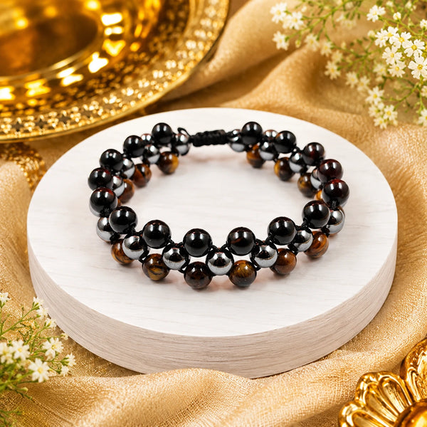 Double-layered triple protection bracelet featuring natural Tiger's Eye, Black Agate, and metallic Hematite beads on a premium black adjustable cord.
