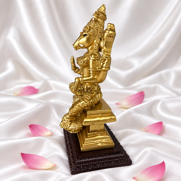 Right side view of Varahi Amman statue showing the raised hand and seated posture