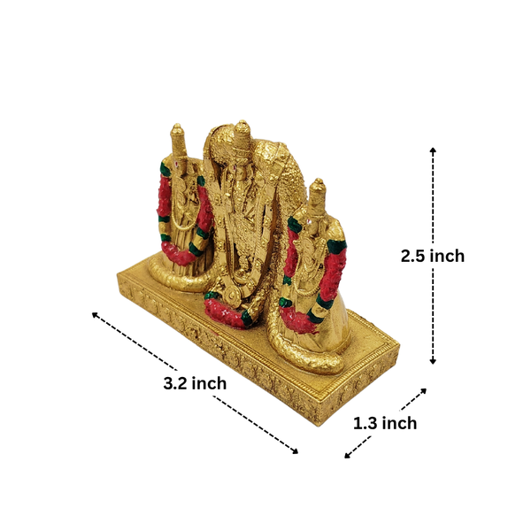 An angled close-up of the Tirupati Balaji fiber idol with hand-painted red and green garlands, styled with rose petals and traditional flowers for a spiritual ambiance.